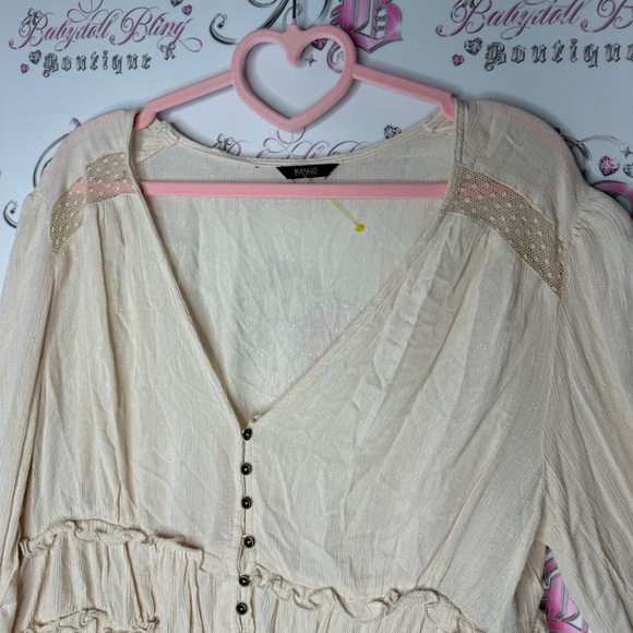 Buffalo long sleeve blouse top crochet style button down blouse puff ruffle boho - Picture 2 of 7